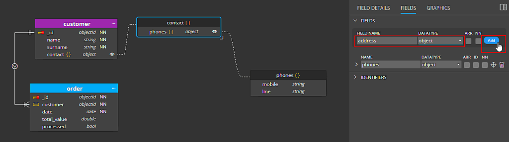 How to create a contained object by  selecting the object data type.