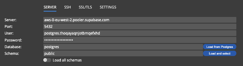 Supabase database connection defined in Luna Modeler database modeling tool