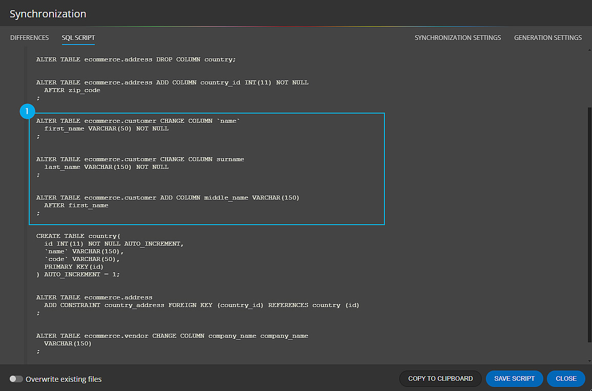 Delta scripts for database schema changes