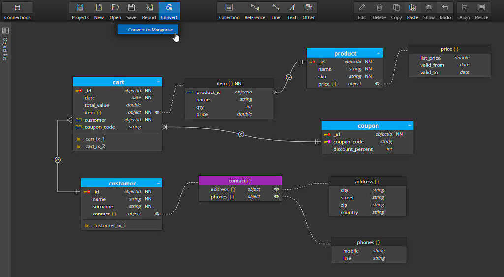 Conversion of MongoDB diagram to Mongoose project in Moon Modeler.