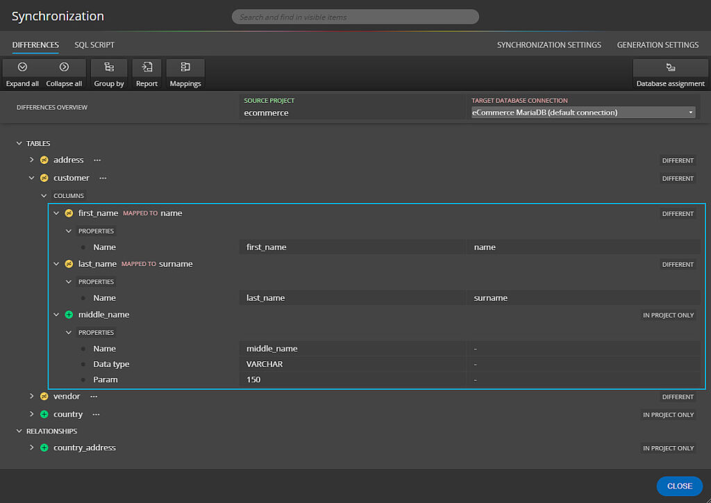 Comparison and sychronization in Luna Modeler