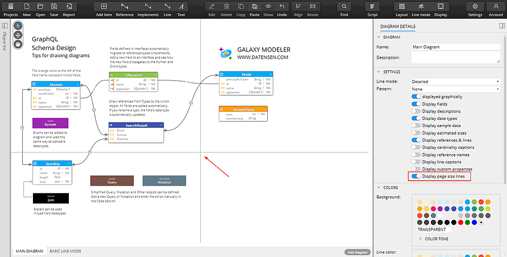 Export to PDF - page size lines displayed in a GraphQL diagram made in Galaxy Modeler