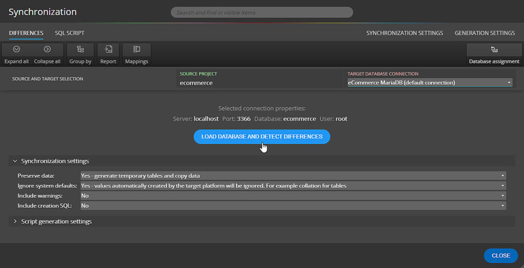 Settings and detection of database schema changes