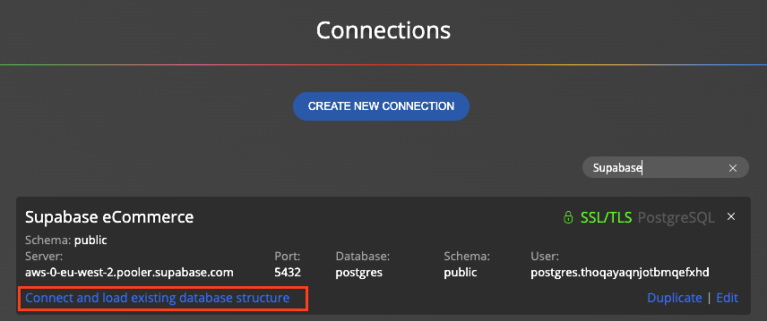 Supabase connection item with the possibility to load database structure and visualize it with an ER diagram.