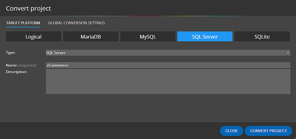 DB Schema conversion - Modal form for target platform selection