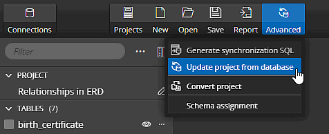 Update project from database - menu item on the main toolbar in Luna Modeler