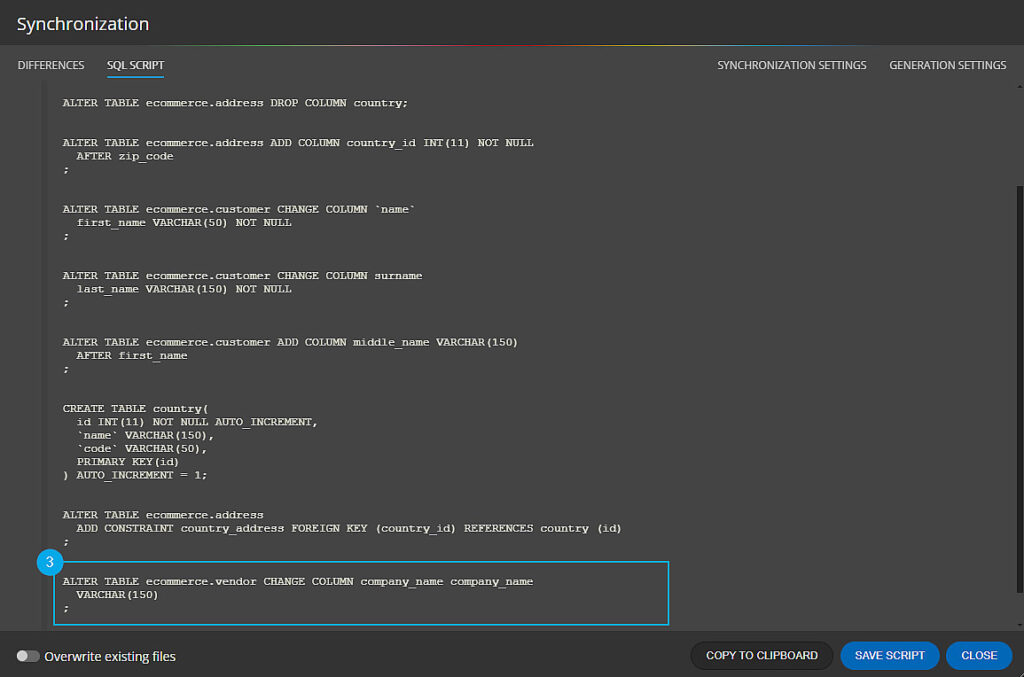 Schema synchronization scripts for relational database - generated by Luna Modeler.