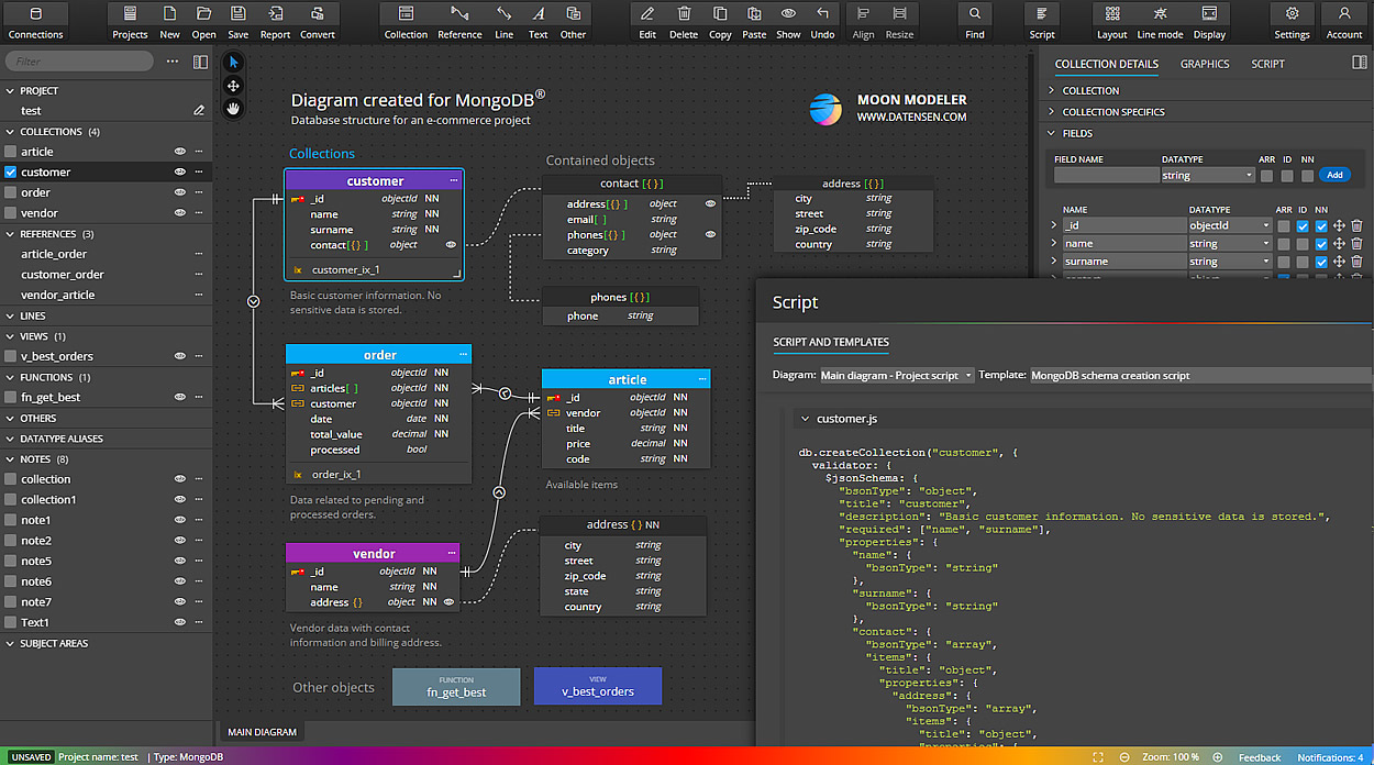 Diagram for MongoDB created in Moon Modeler