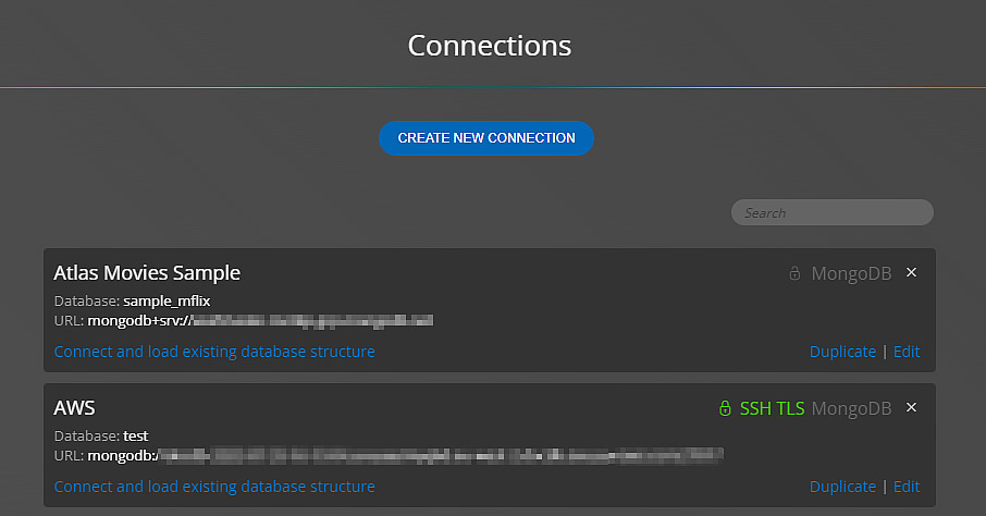 A list of connections created and saved in Moon Modeler schema design tool for MongoDB and noSQL.