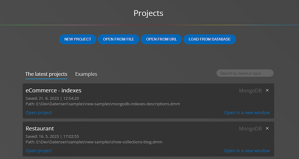 A list of projects created and saved in Moon Modeler database design tool for noSQL.