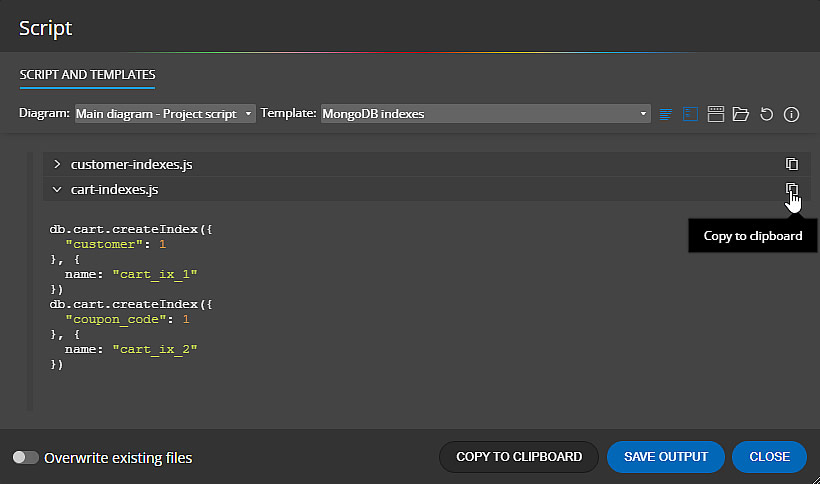 Moon Modeler and custom template for generating indexes for MongoDB collections.