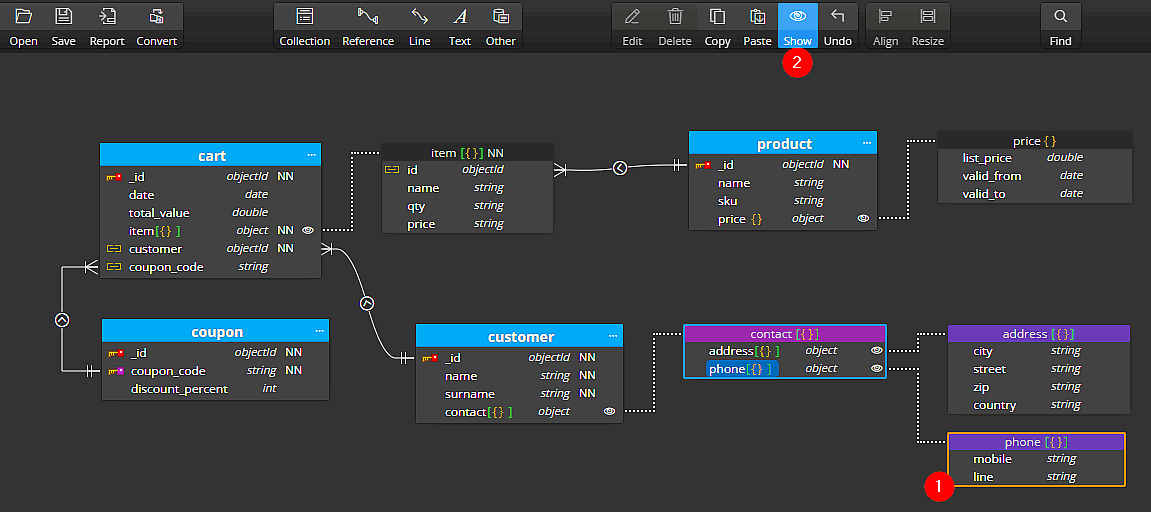 Moon Modeler and objects on ERD for MongoDB