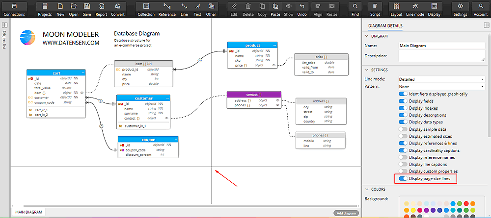 Moon Modeler - page size lines displayed in diagram. Page size can be set for Export to PDF