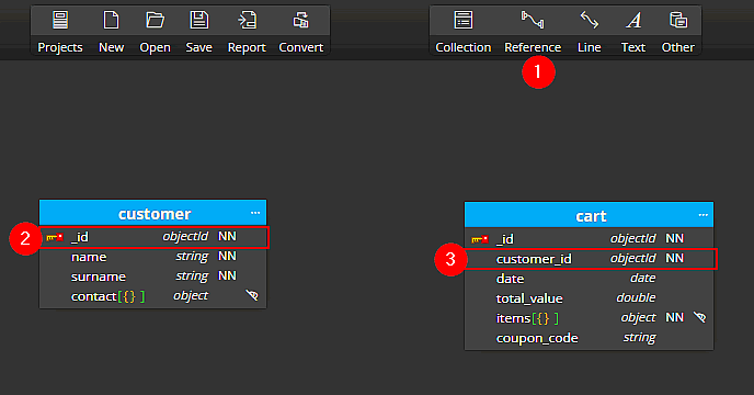 Creating references between existing fields in diagrams for MongoDB