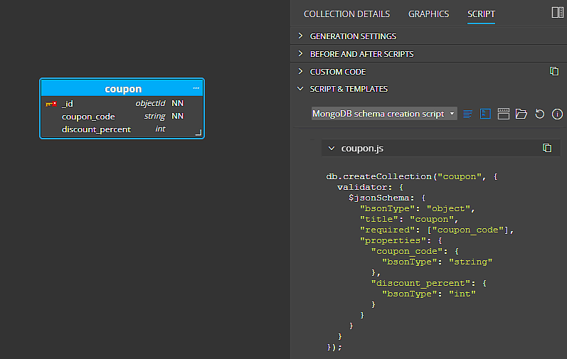 Side panel with generated mongodb schema validation script