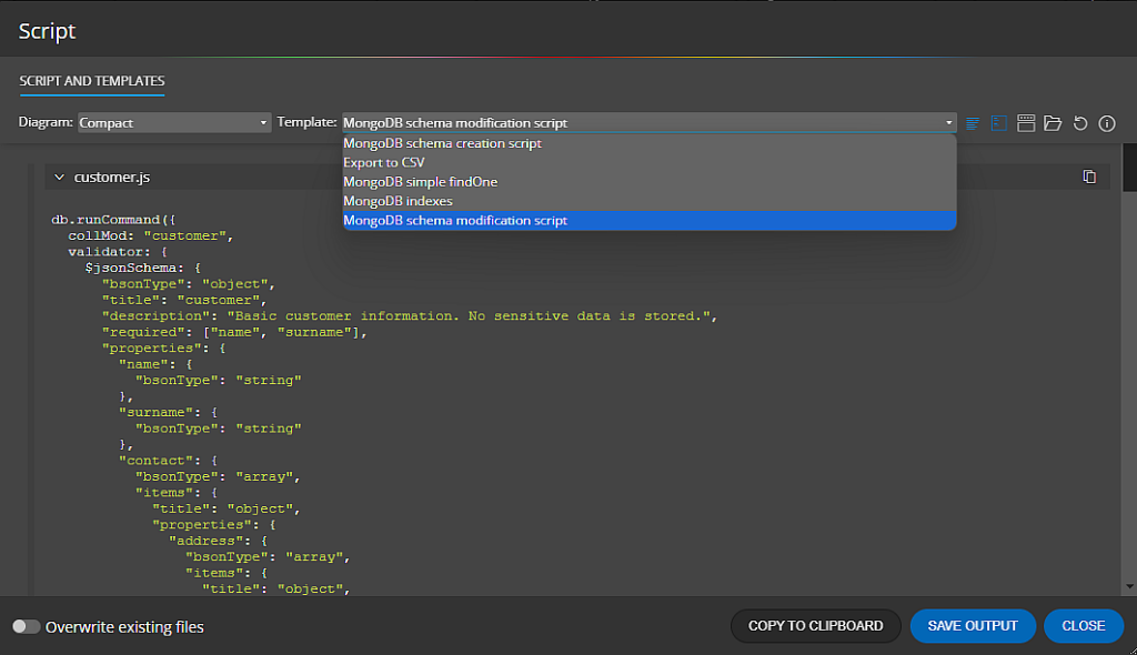 MongoDB schema validation or MongoDB schema modification script generated by Moon Modeler.