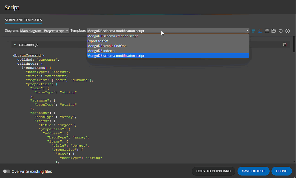 Moon Modeler and template selection for generating schema validation or modification script for MongoDB