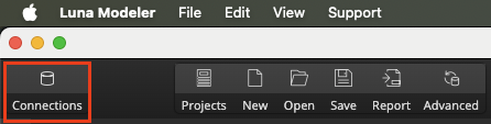 Luna Modeler and the main toolbar with the Connections button