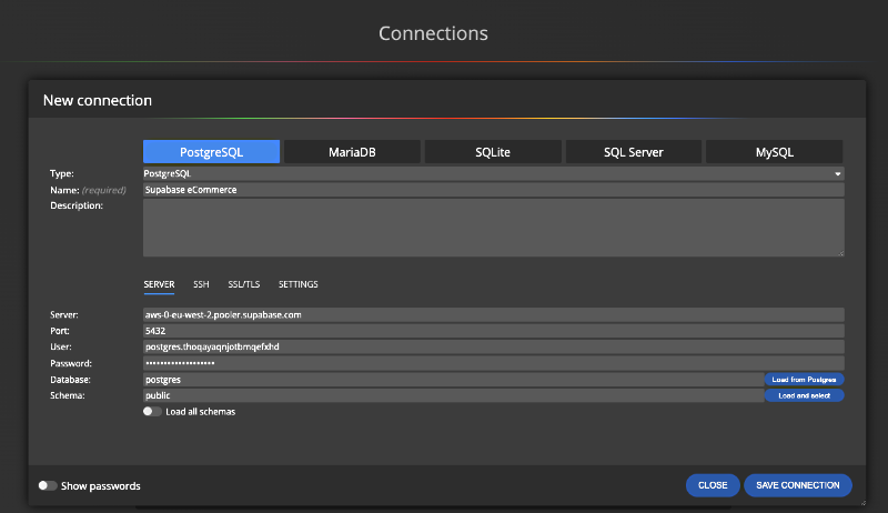 New connection to Postgres database running in Supabase