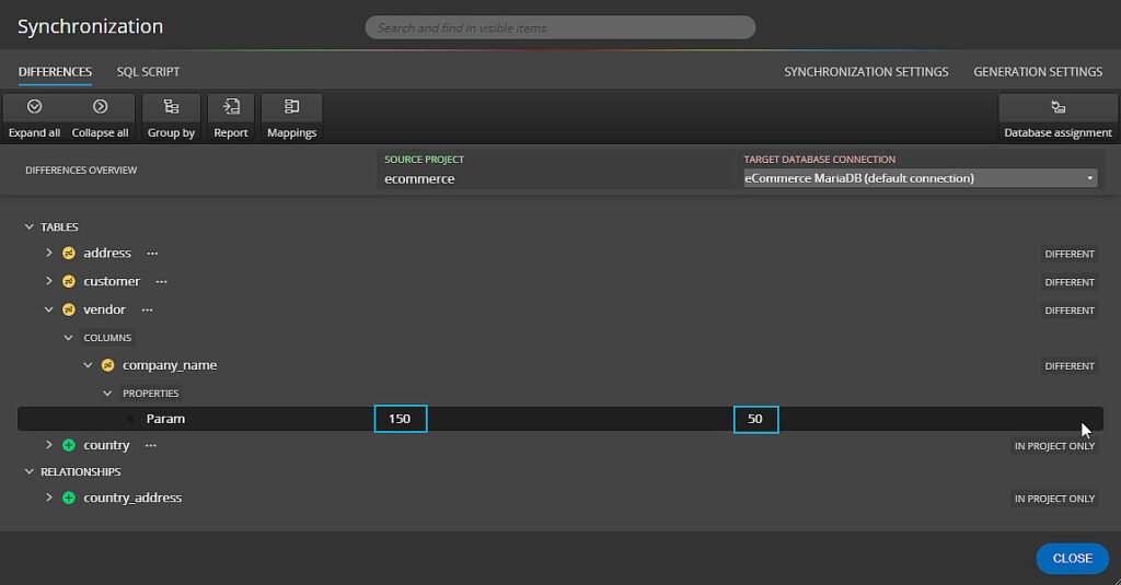 Differences in parameter values