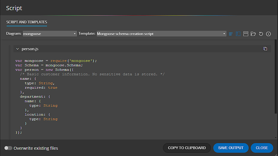 Generated Mongoose ODM script for the case when direct object properties are used.