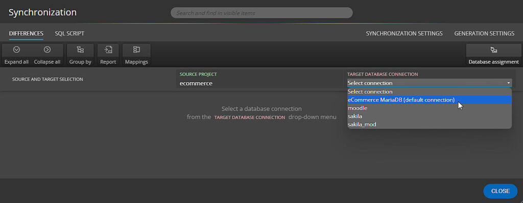 Selecting database connection for schema comparison