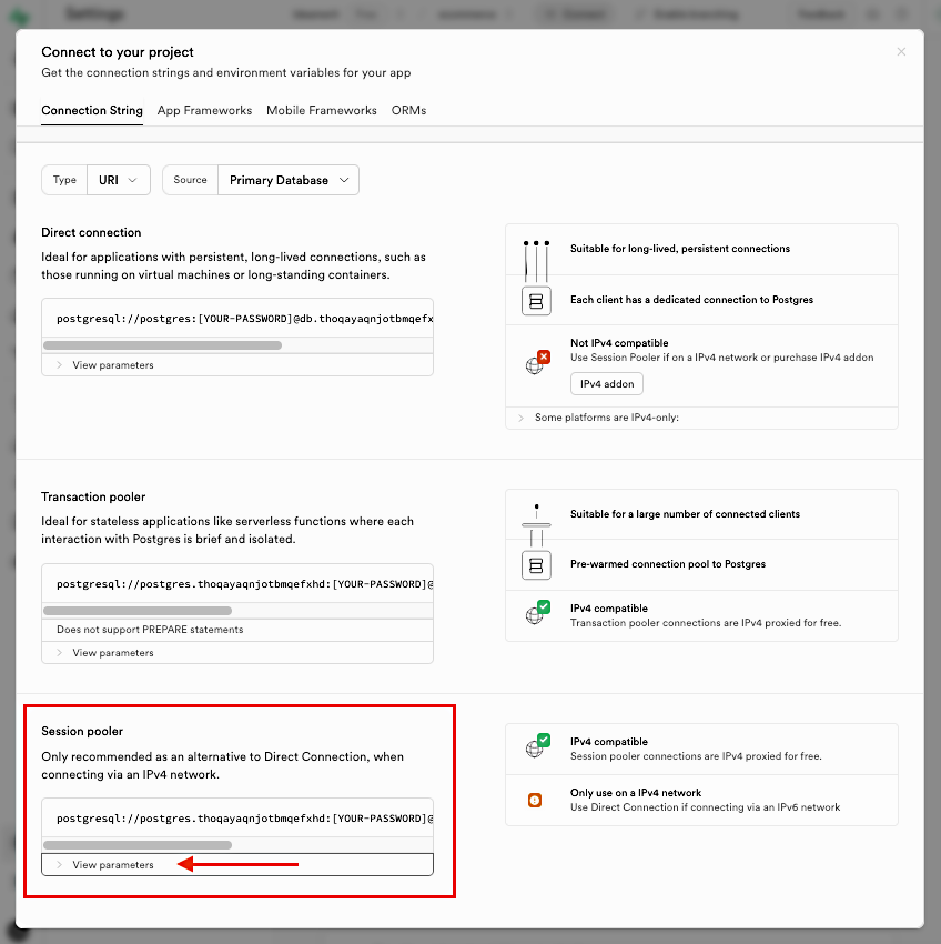 Supabase and the database connection details, section Session Pooler