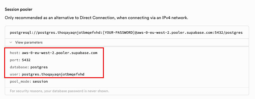 Supabase and database connection details