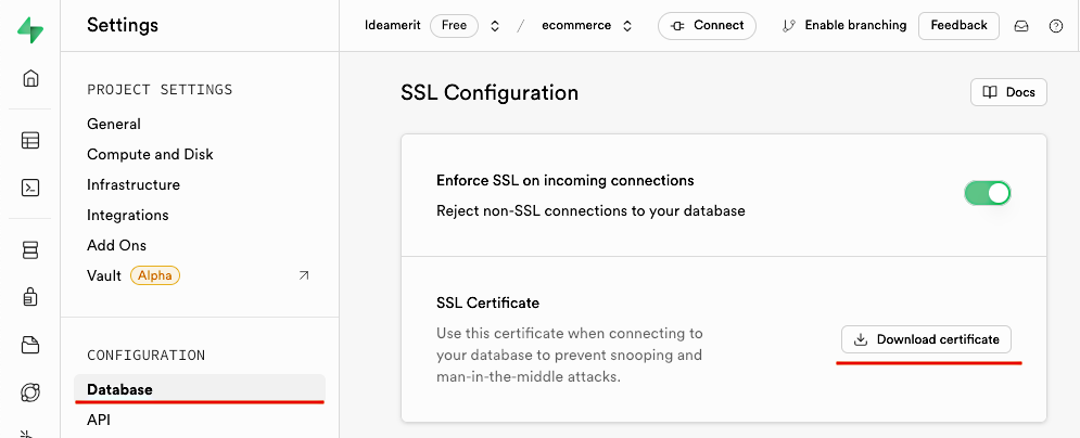 Supabase database configuration, section where SSL certificate can be downloaded.