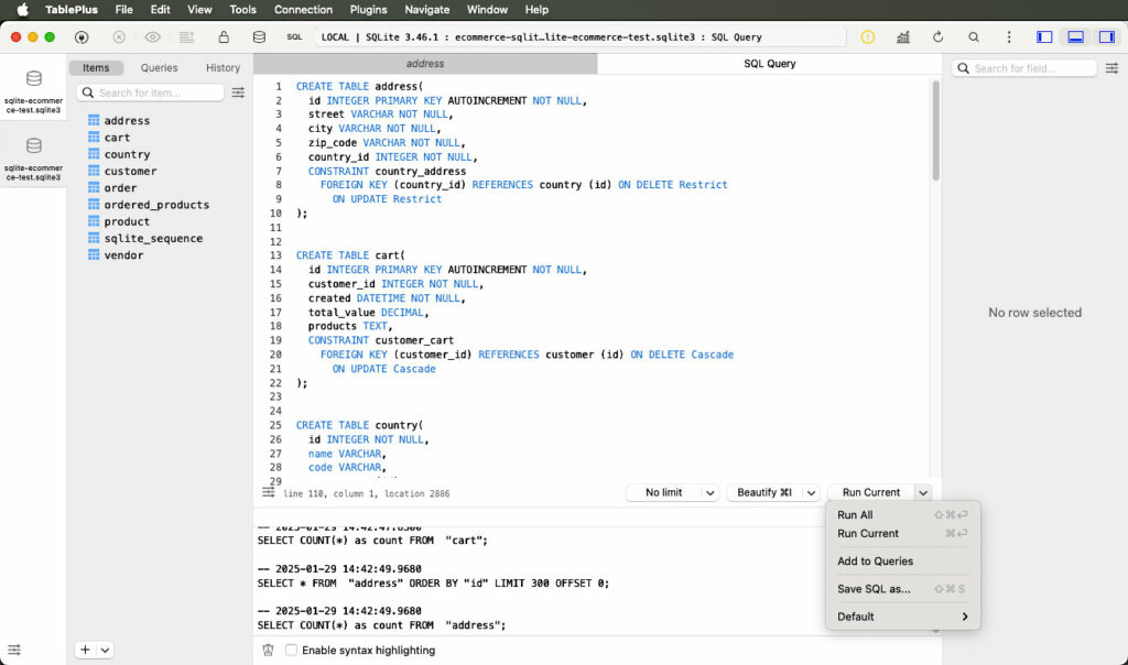 TablePlus - execution of SQL scripts for SQLite