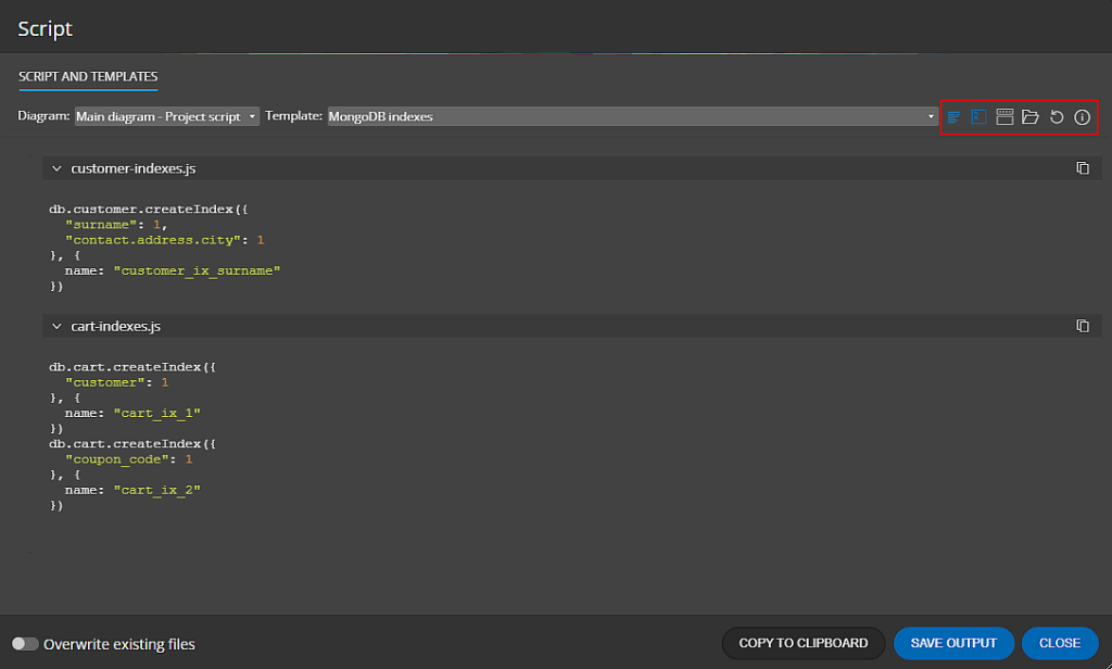 Output that shows commands for index creation for MongoDB collections.